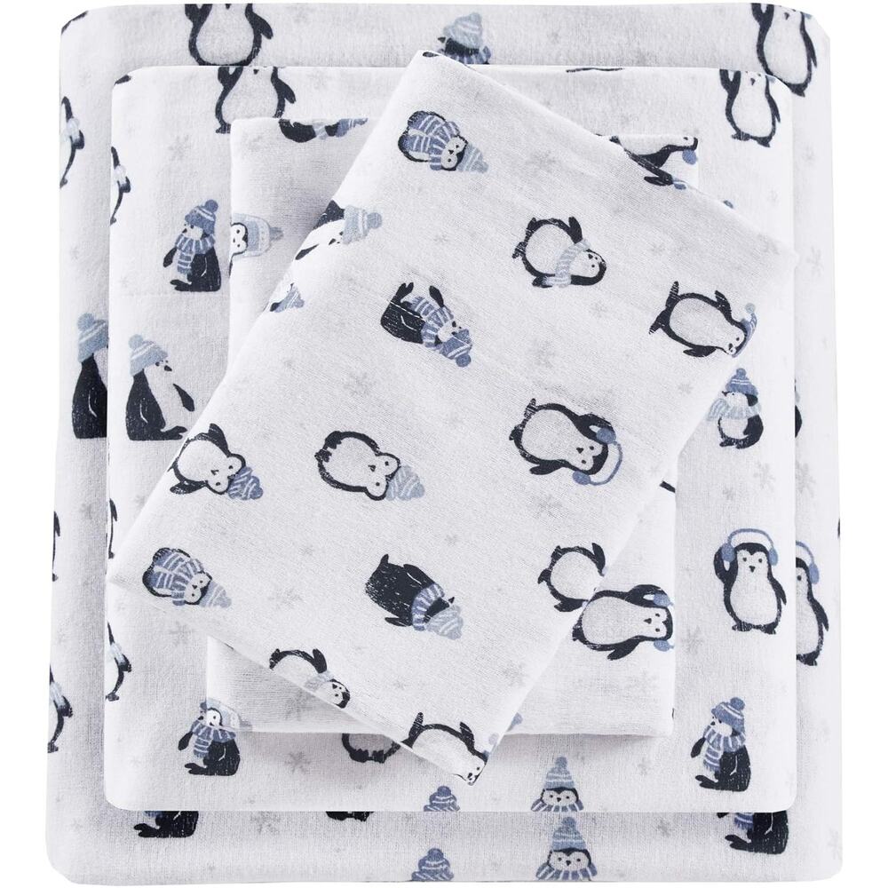 Intelligent Design Cozy Soft 100% Cotton Flannel Full Blue Penguins 4 Piece